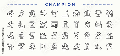 Championship icon set. Thin icons set. Editable vector art and illustration. Reward line icon set. Includes symbols for achievement, cup, trophy, award, reward, best and more.