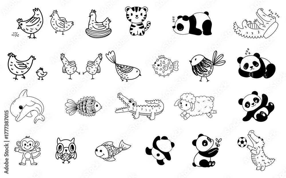 Fototapeta premium cute and kawaii hand drawn doodle animal panda crocodile chicken goat bird dolphin fish