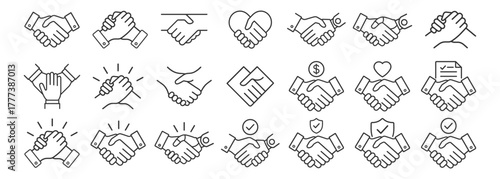 Handshake icons set. Business agreement, partnership and teamwork concept on transparent background