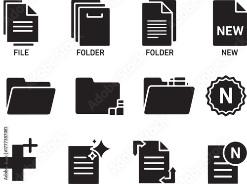 Black icons representing files folders and new documents vector