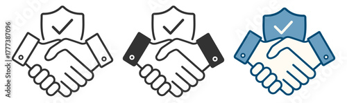 Handshake with shield icon. Business partnership, safety and trust concept on transparent background