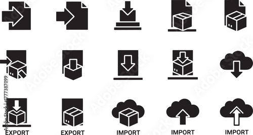 Black icons showing data transfer and cloud operations import export