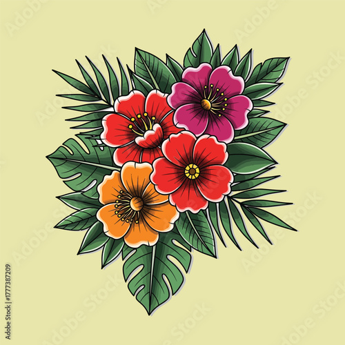Vibrant Tropical Flowers and Leaves Illustration - A Splash of Exotic Beauty