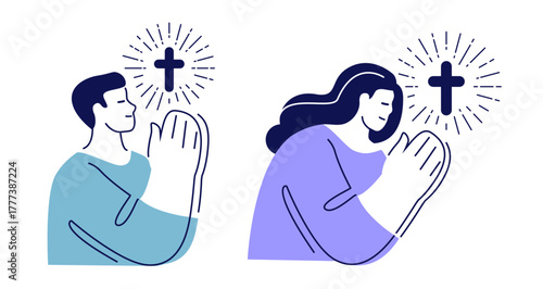 Faith and hope, turning to God. Person with hands clasped in prayer. Spiritual meditation, religious devotion, worship