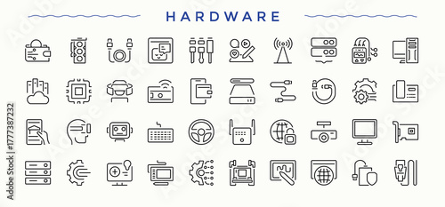 Hardware vector line icon set. Components icon collection. Featuring computer, laptop, electronic, phone, parts, hard and more. Editable stroke vector art.