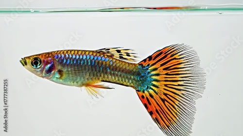 Vibrant male guppy fish swimming in clear water with striking orange and black tail fins and iridescent blue scales showcasing aquatic life and underwater beauty