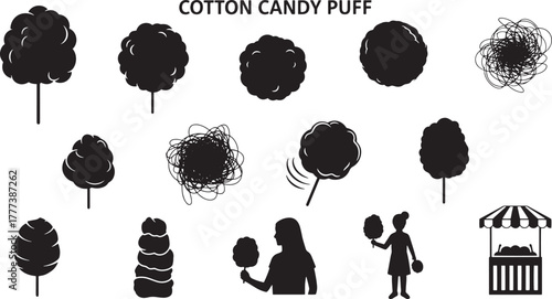 Black silhouettes of fluffy treats and people cotton candy