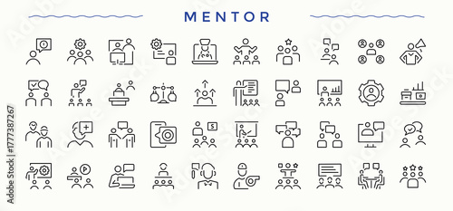 Mentor vector line icon set. Minimalist editable vector stroke. Editable stroke. Vector collection. Trainer icon set. Containing man, train, trainer, counselor, advice and more.
