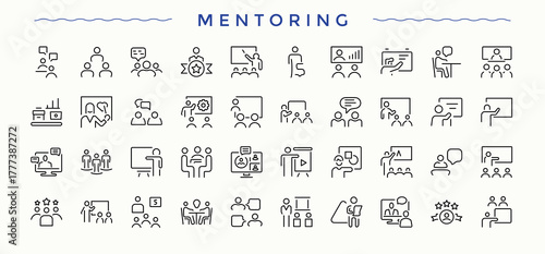 Mentoring icon collection. Sign and Symbol. Counselor icon set. Pack of man, expert, trainer, lead, leader, advice and more.