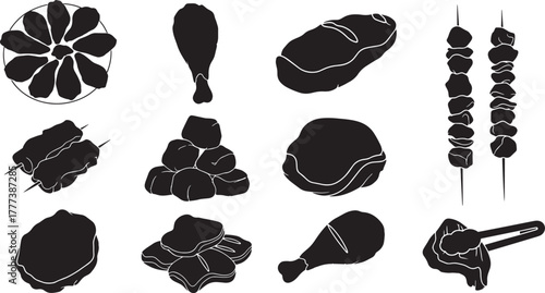 Black silhouettes of various meat cuts and preparations food cooked