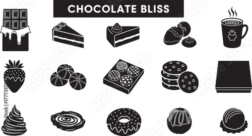 Chocolate bar cake slices strawberries candies cookies hot drink donut strawberry