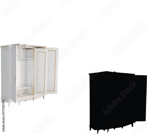 This wardrobe is rendered in a crisp white color, which conveys a sense of brightness and openness. The open door invites viewers to envision the interior space, 