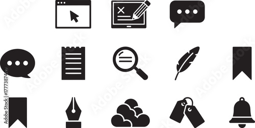 Collection of black icons representing communication and office tools speech writing