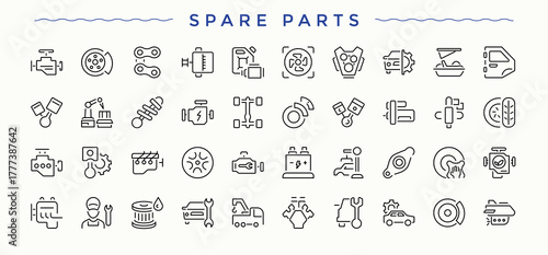 Spare Parts icon set. Automotive minimal thin line web icons set. Minimalist editable vector stroke. Car modern icon set. Vector illustration.