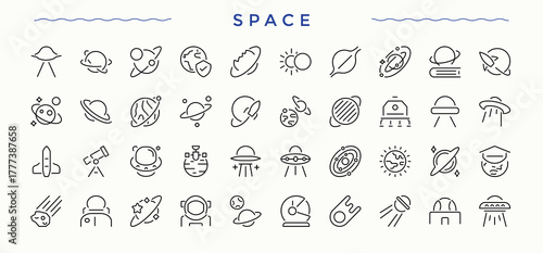 Space vector line icon set. Cosmos modern icon set. Collection for mobile and web apps. Included galaxy, planet, asteroid, universe, cosmos and more. Editable vector art and illustration.