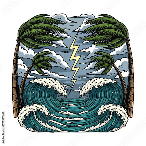Dramatic ocean storm with lightning strike between two palm trees and powerful crashing waves illustration