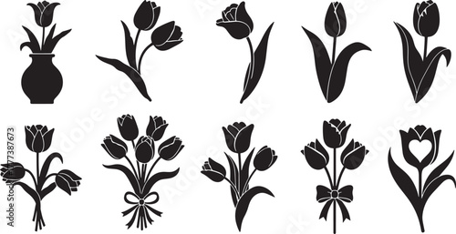Black tulip silhouettes various arrangements tulips flowers