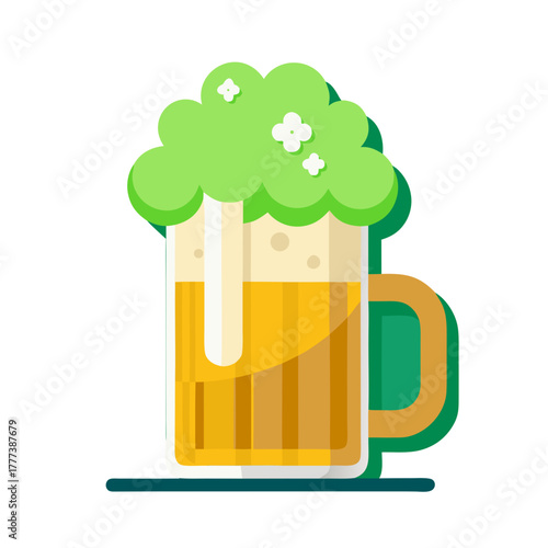 Beer mug with green foam on white background.  Beer mug froth  