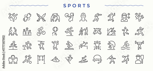 Sports modern icon set. Featuring game, gym, exercise, competition, fitness, athletics and more. Competition icon set. Icons for website. Editable stroke. Vector illustration.