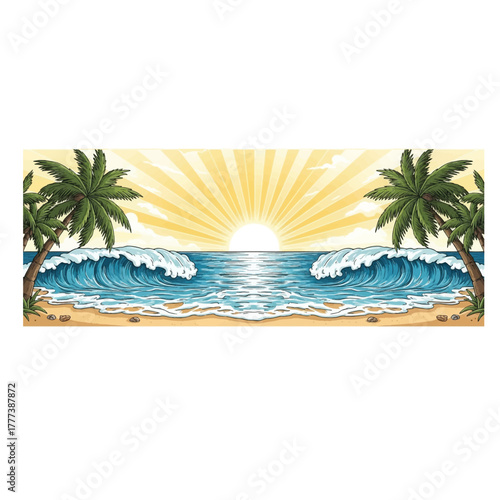 Serene panoramic vector illustration of a tropical paradise, featuring a golden sunrise over the ocean, framed by palm trees on a sandy beach
