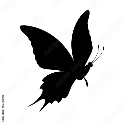 Elegant Flying Butterfly Black Silhouette Icon. Spring Insect Vector Design Element.