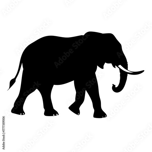 Walking Elephant Silhouette with Tusks. African Wild Animal Vector Icon.