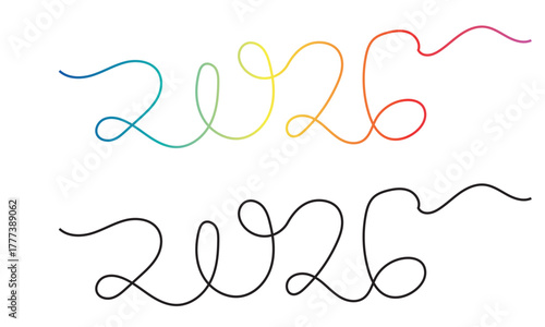 Creative 2026 typography made from curved lines. Minimalist art of the number 2026 drawn with continuous flowing lines in black and rainbow colors, symbolizing creativity and new year celebration.