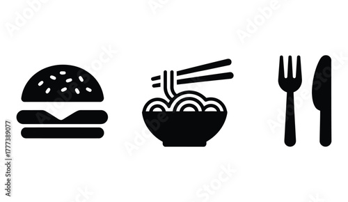 Craving Deliciousness? Get Your Food Icons Here Featuring Burger, Noodles, and Cutlery Ready for Your Designs, Menus, and Recipes, Perfect for Restaurant and Cafe Branding
