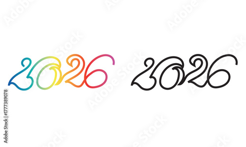 Creative 2026 typography made from curved lines. Minimalist art of the number 2026 drawn with continuous flowing lines in black and rainbow colors, symbolizing creativity and new year celebration.