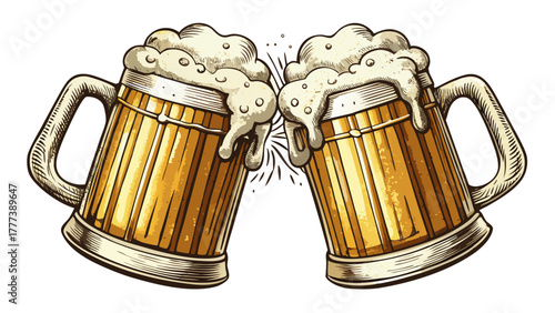 Very beautiful hand-drawn sketch illustration of two beer mugs clinking together with frothy foam spilling over, detailed vintage engraving style vector artwork.