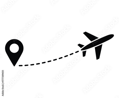 Plan Your Next Adventure Airplane Flying to Destination, Follow the dotted line from the location marker for your next vacation, Travel the world and explore new places