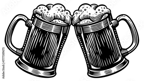Very beautiful hand-drawn sketch illustration of two beer mugs clinking together with frothy foam spilling over, detailed vintage engraving style vector artwork.