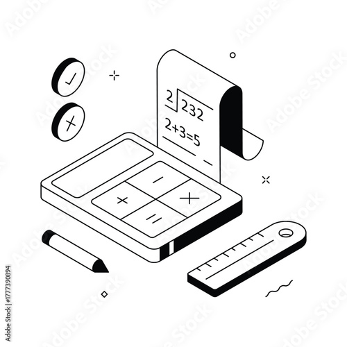 Isometric design featuring calculator, ruler, and math sheet for students