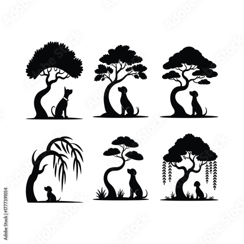 Cute dogs sitting beneath stylized trees in silhouette design collection.