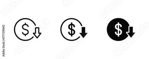 Visualize lower costs with these dollar icons, perfect for finance, savings, or investment projects, use these symbols to highlight reduced spending or market downturns in your financial materials