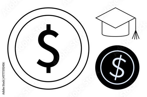 Dollar symbols in circles paired with a graduation cap convey themes of student loans, tuition fees, and educational funding. Ideal for education costs, scholarships, investment, money, knowledge