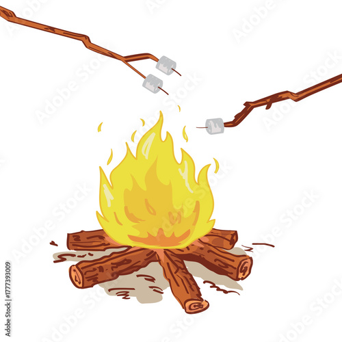 Cartoon-style illustration of marshmallows roasting over a campfire with wooden sticks. Perfect for camping, summer, and outdoor adventure themes.