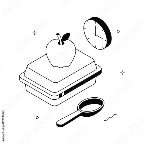Isometric illustration of lunch box, apple, and school meal during break time