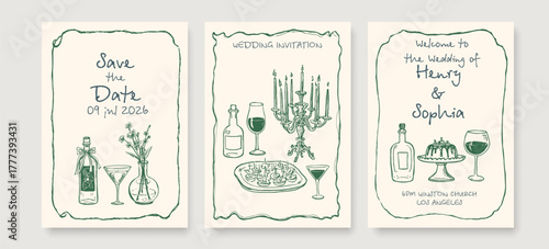 Hand Drawn Wedding Invitation Set. Pencils Elements of Wine Bottle, Wine Glasses, Flowers and Cake in Chalk, Sketch Line Drawing Vintage Style. Vector Minimalist Line Art Wedding Invitation. 