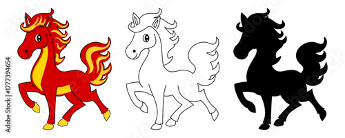 Red fire horse vector design with colorful flames in mane and tail, horse outline and black silhouette