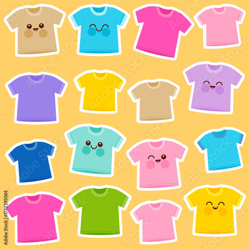 Cute t shirt stickers. Collection of happy T shirt characters of different colors. Colorful emoji t-shirt cartoons for sticker set. Vector illustration