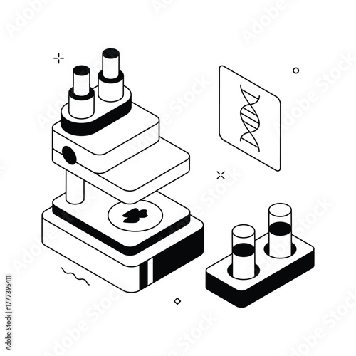 Microscope, test tubes, and DNA chart for science education, isometric illustration