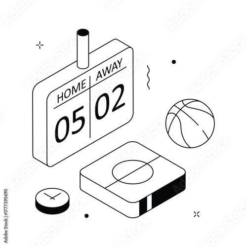 Isometric illustration of a scoreboard, ball, and sports competition result display