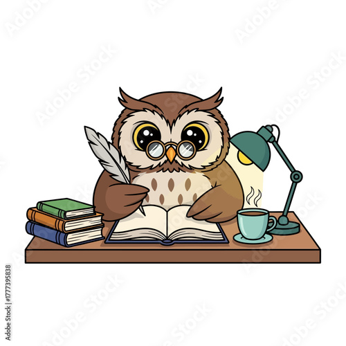 Vector Illustration of Owl Cartoon Writing with Quill Pen and Glasses