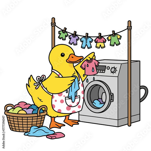 Vector Illustration of cartoon yellow duck doing laundry