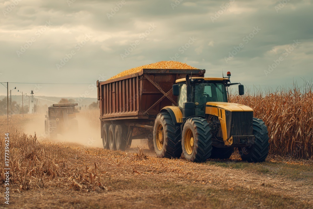 Fototapeta premium Hopper Trailer: Farming Tractor Merging Harvested Corn in Fall Agricultural Cultivation