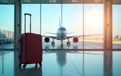 Luggage suitcase in airport with airplane. generative ai. High quality