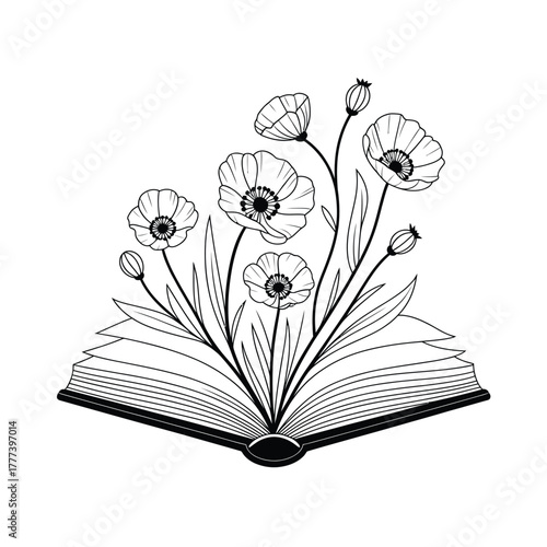 Poppies blooming from an open book illustration
