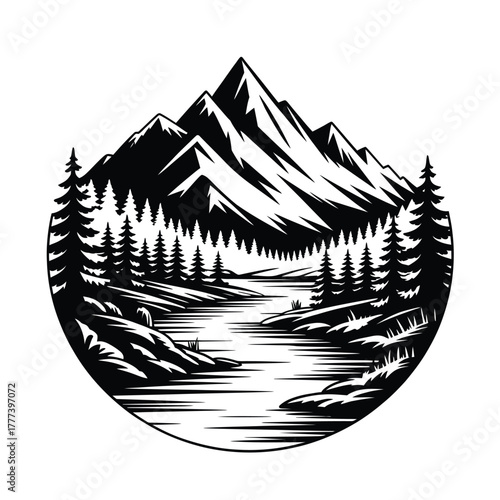 Black and white mountain landscape with river and pine trees