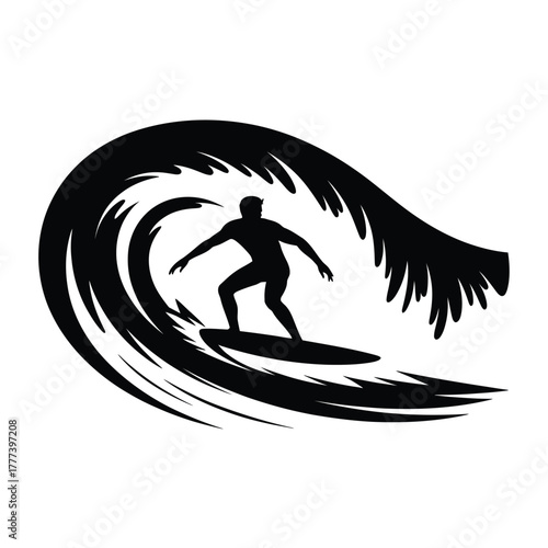Silhouette of a surfer riding a large ocean wave
